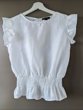 Saks Fifth Avenue 100% Linen White Ruffle Sleeve Smocked Hem Top Summer Size S